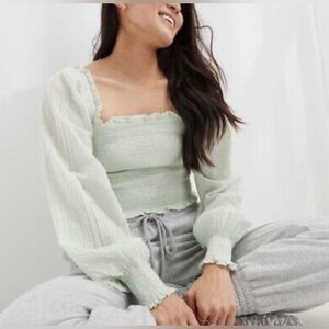 Aerie Smocked Long Puff Sleeve Crop Top Green Size Large